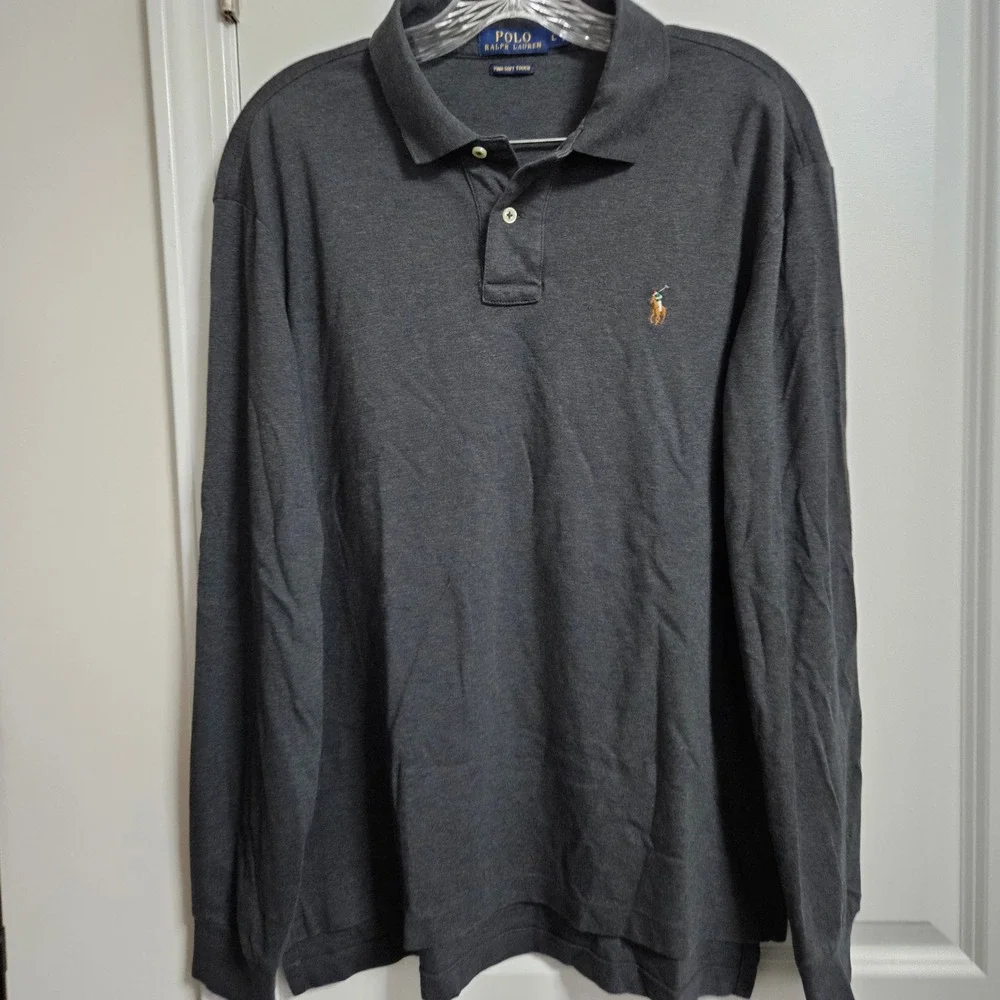 Polo Ralph Lauren Polo Shirt Mens L Gray Pima Soft Touch Long Sleeve Flesh Pony